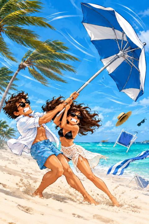 Illustration: two beachgoers fighting to hold a hand-planted umbrella as the Aruba wind rips it out of the sand